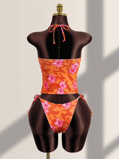 Zestiva Women's Summer Vacation Casual Beach Wear Tropical Floral Print Strapless Bandeau Tie Back Camisole Strap Bikini Lace Trim 2-Piece Swimwear Set