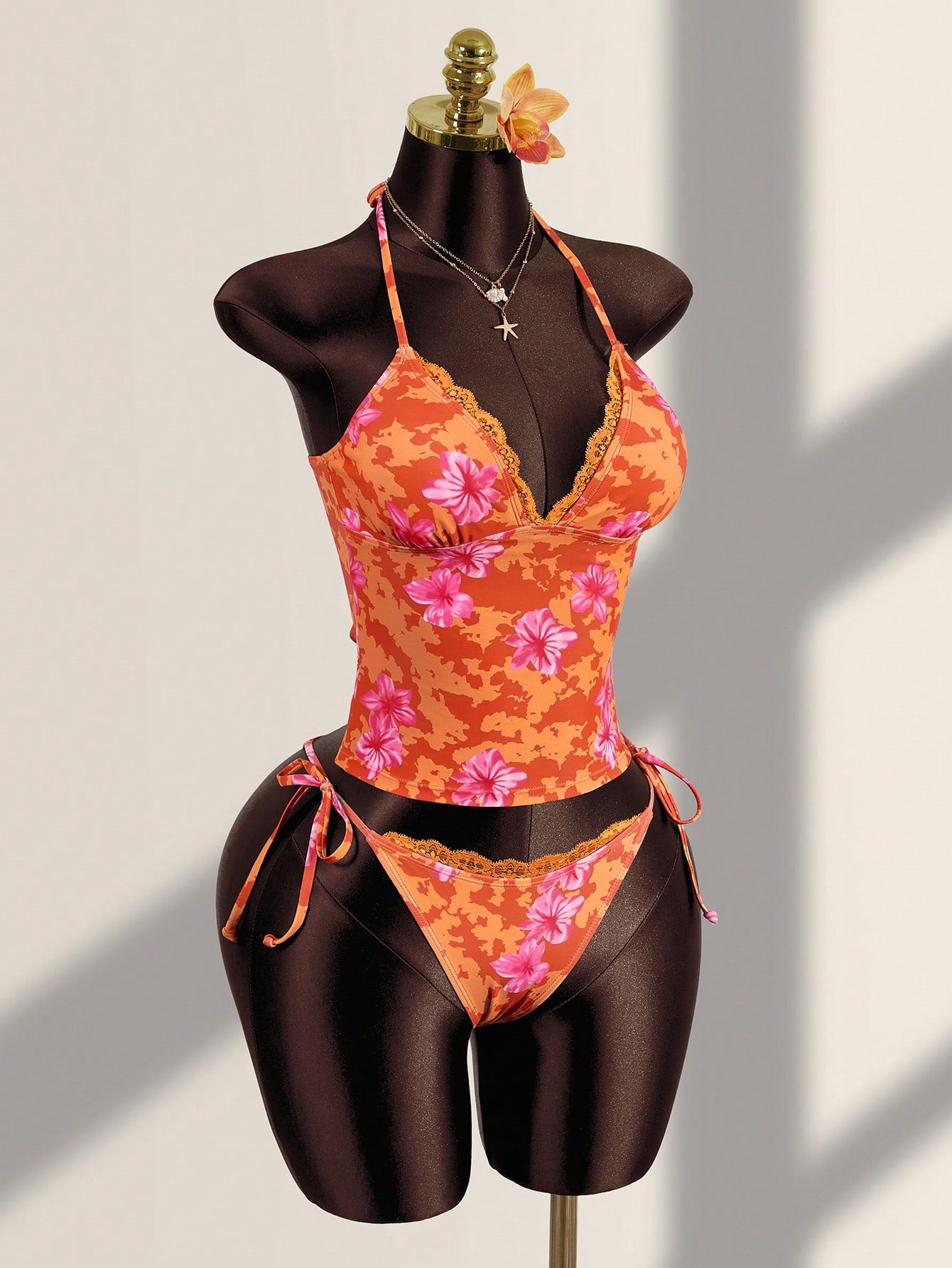 Zestiva Women's Summer Vacation Casual Beach Wear Tropical Floral Print Strapless Bandeau Tie Back Camisole Strap Bikini Lace Trim 2-Piece Swimwear Set