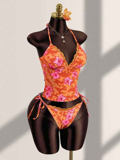 Zestiva Women's Summer Vacation Casual Beach Wear Tropical Floral Print Strapless Bandeau Tie Back Camisole Strap Bikini Lace Trim 2-Piece Swimwear Set