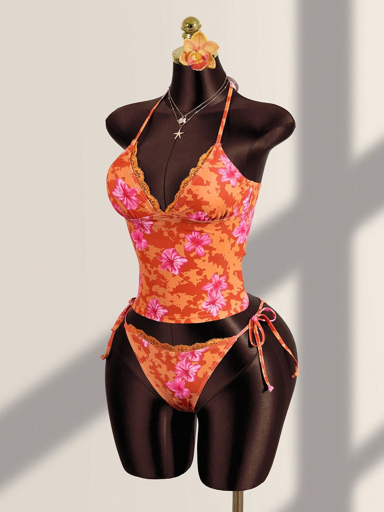 Zestiva Women's Summer Vacation Casual Beach Wear Tropical Floral Print Strapless Bandeau Tie Back Camisole Strap Bikini Lace Trim 2-Piece Swimwear Set