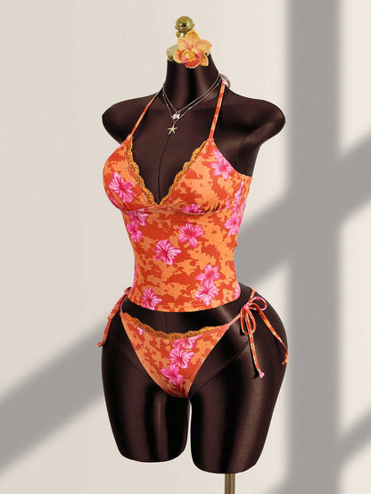 Zestiva Women's Summer Vacation Casual Beach Wear Tropical Floral Print Strapless Bandeau Tie Back Camisole Strap Bikini Lace Trim 2-Piece Swimwear Set