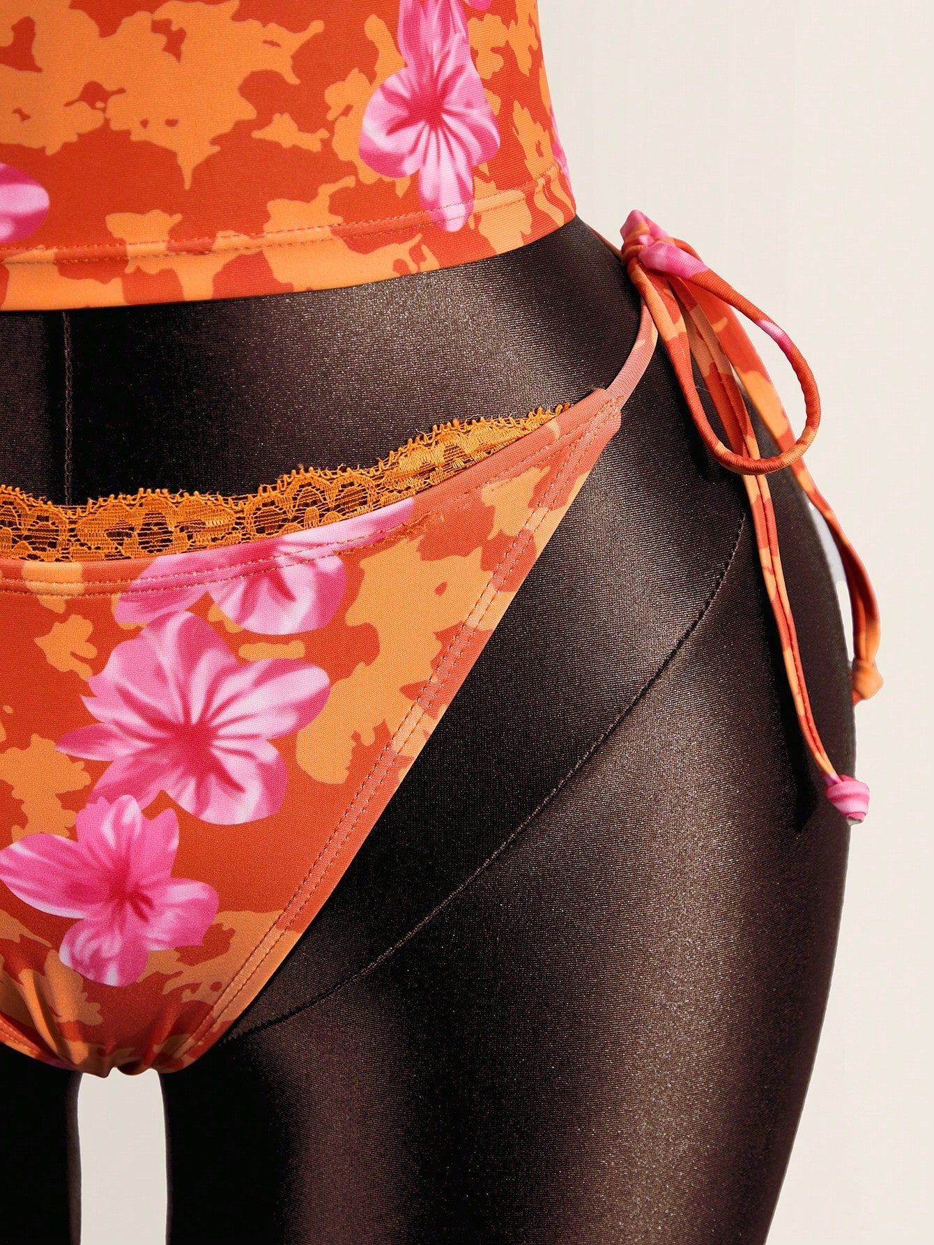 Zestiva Women's Summer Vacation Casual Beach Wear Tropical Floral Print Strapless Bandeau Tie Back Camisole Strap Bikini Lace Trim 2-Piece Swimwear Set