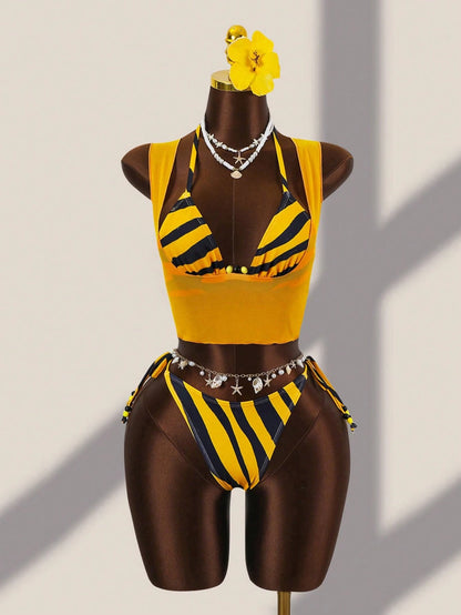 Zestiva Women's Yellow Summer Casual Beach Holiday Vacation Holiday Halter Tie Beaded Decor Backless Bikini 3 Pieces Set Outfits Rave Two Piece Set