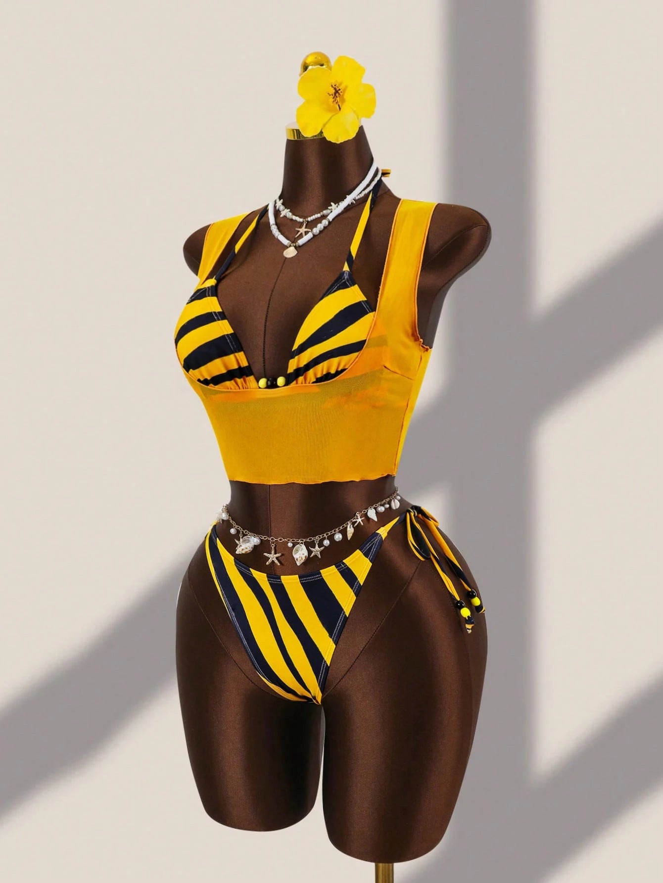 Zestiva Women's Yellow Summer Casual Beach Holiday Vacation Holiday Halter Tie Beaded Decor Backless Bikini 3 Pieces Set Outfits Rave Two Piece Set