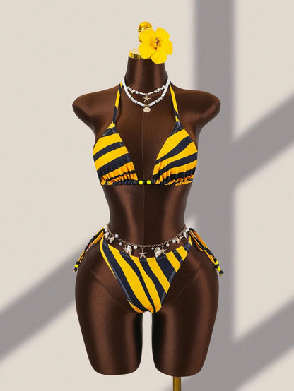Zestiva Women's Yellow Summer Casual Beach Holiday Vacation Holiday Halter Tie Beaded Decor Backless Bikini 3 Pieces Set Outfits Rave Two Piece Set