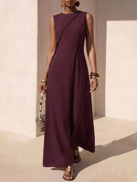 Zivah Elegant Burgundy Summer Women Long Dress,Boho Linen Loose-Fitting A-Line Patchwork Pleated Vacation Holiday Casual Western Vibes Party Beach Wear