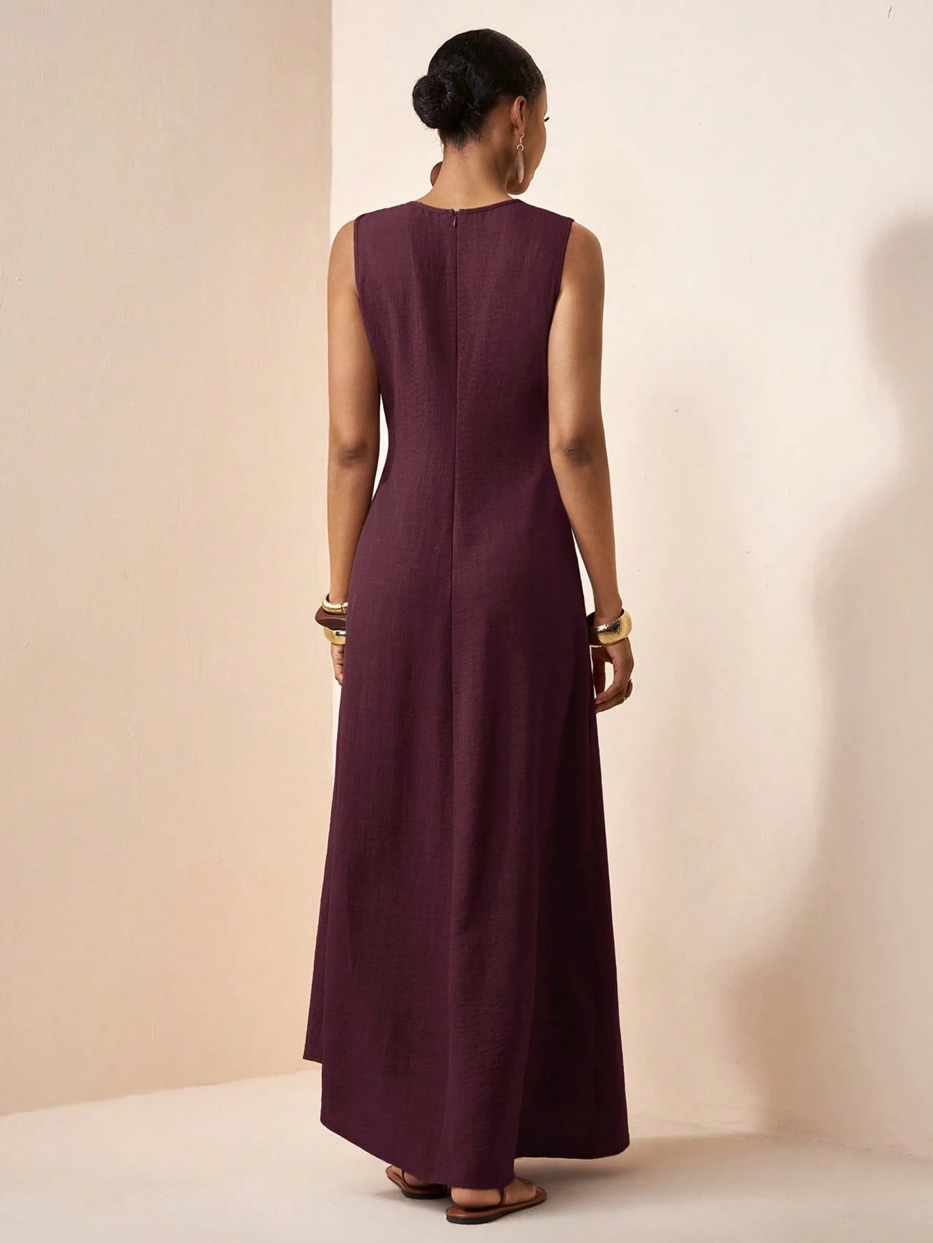 Zivah Elegant Burgundy Summer Women Long Dress,Boho Linen Loose-Fitting A-Line Patchwork Pleated Vacation Holiday Casual Western Vibes Party Beach Wear