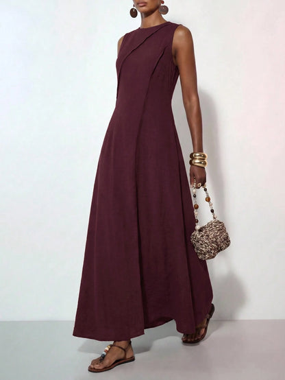 Zivah Elegant Burgundy Summer Women Long Dress,Boho Linen Loose-Fitting A-Line Patchwork Pleated Vacation Holiday Casual Western Vibes Party Beach Wear