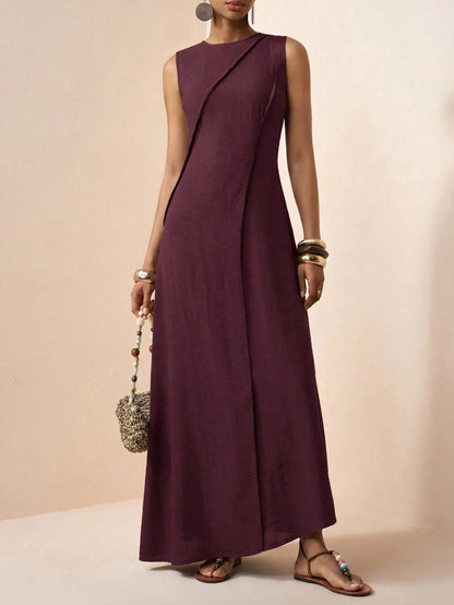 Zivah Elegant Burgundy Summer Women Long Dress,Boho Linen Loose-Fitting A-Line Patchwork Pleated Vacation Holiday Casual Western Vibes Party Beach Wear
