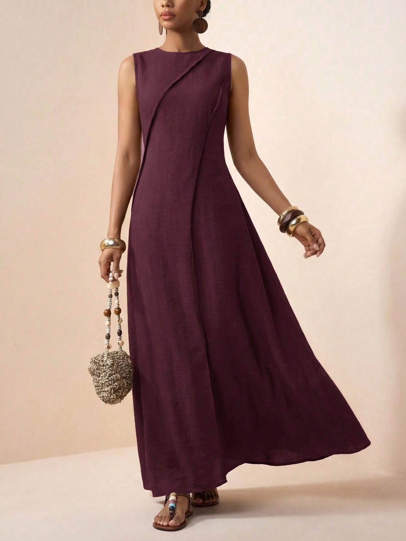 Zivah Elegant Burgundy Summer Women Long Dress,Boho Linen Loose-Fitting A-Line Patchwork Pleated Vacation Holiday Casual Western Vibes Party Beach Wear