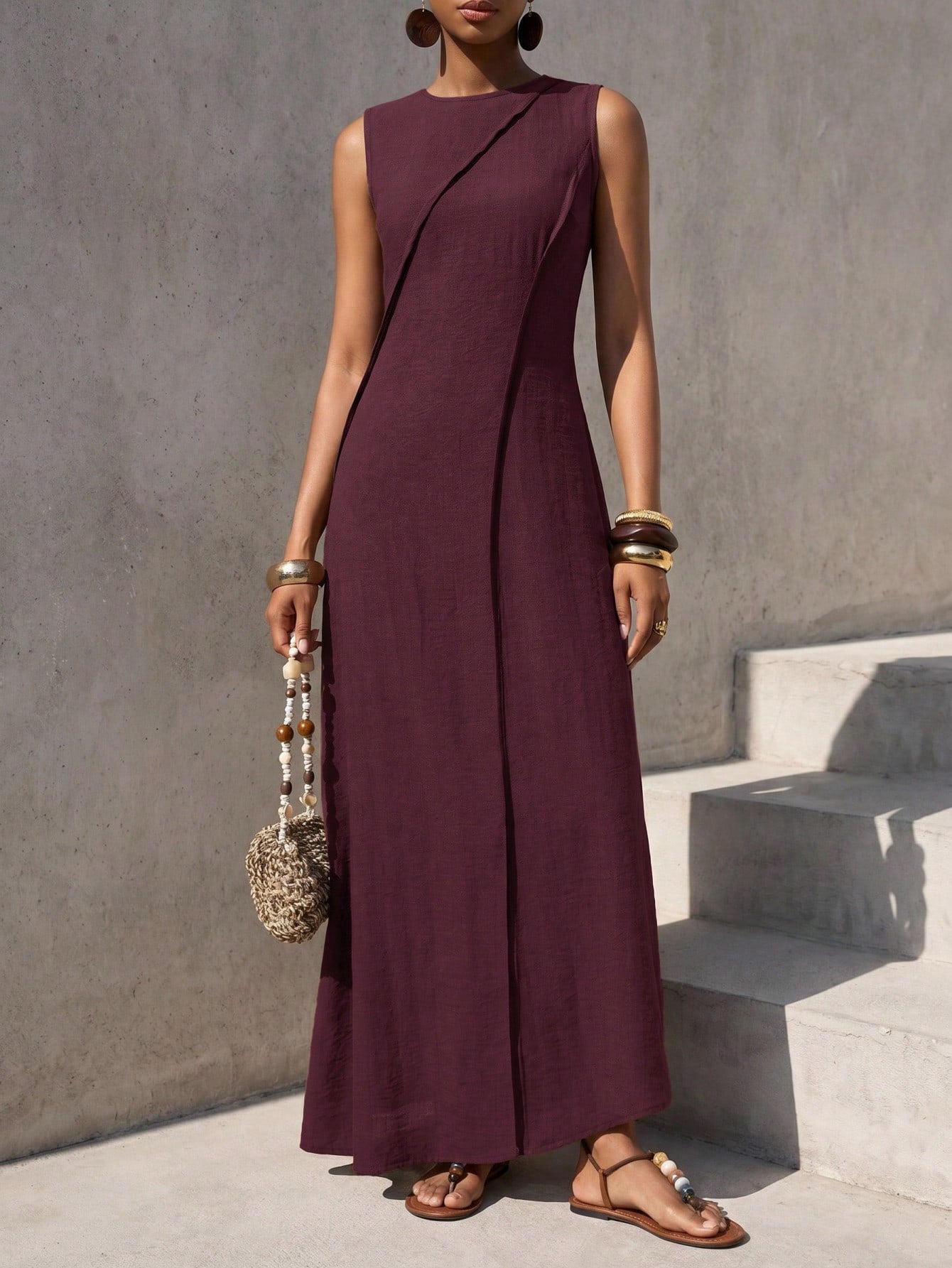 Zivah Elegant Burgundy Summer Women Long Dress,Boho Linen Loose-Fitting A-Line Patchwork Pleated Vacation Holiday Casual Western Vibes Party Beach Wear