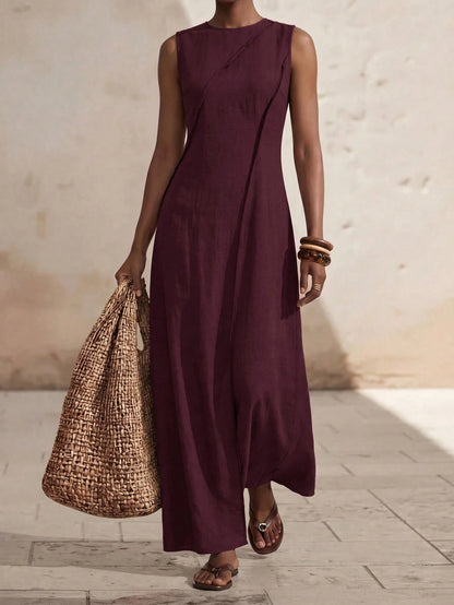 Zivah Elegant Burgundy Summer Women Long Dress,Boho Linen Loose-Fitting A-Line Patchwork Pleated Vacation Holiday Casual Western Vibes Party Beach Wear