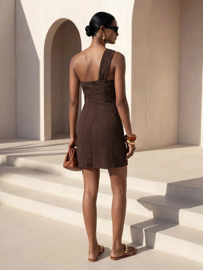 Zivah New Summer Hot-Selling Casual Commuting Vacation Brown Linen One-Shoulder Twisted Tie Mini Dress For Women,Suitable For Everyday Wear, Going Out,Vacations, Travel, Beaches, Party, Airport Outfit
