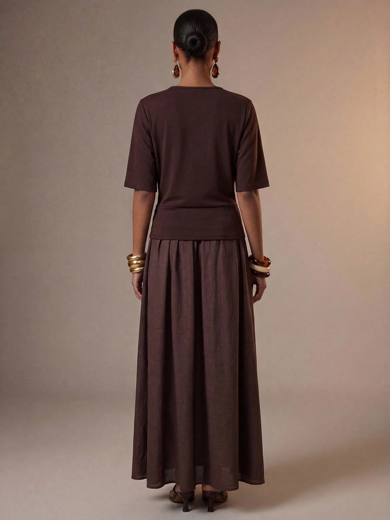 Zivah New Summer Vacation Beach Casual Minimalist Basic Halter Ruched A-Line Patchwork Brown Long Dress