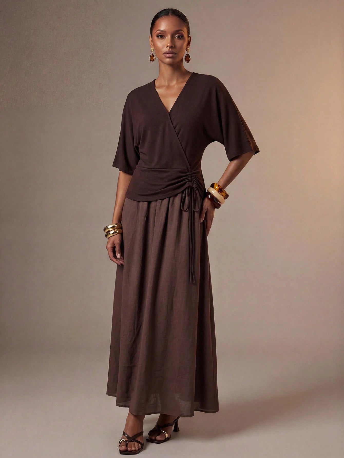 Zivah New Summer Vacation Beach Casual Minimalist Basic Halter Ruched A-Line Patchwork Brown Long Dress