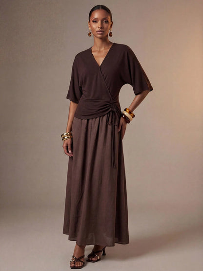 Zivah New Summer Vacation Beach Casual Minimalist Basic Halter Ruched A-Line Patchwork Brown Long Dress