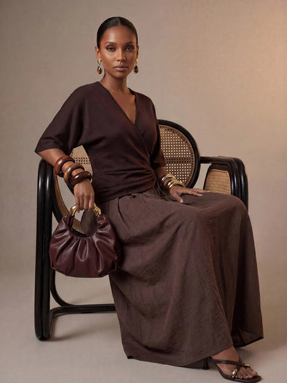 Zivah New Summer Vacation Beach Casual Minimalist Basic Halter Ruched A-Line Patchwork Brown Long Dress