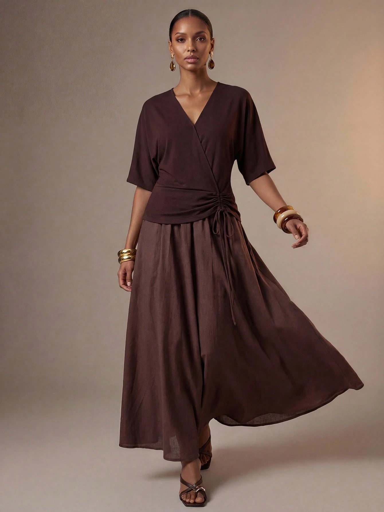Zivah New Summer Vacation Beach Casual Minimalist Basic Halter Ruched A-Line Patchwork Brown Long Dress