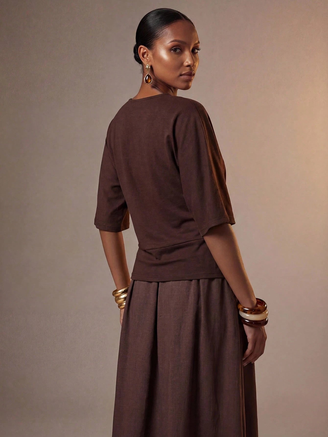 Zivah New Summer Vacation Beach Casual Minimalist Basic Halter Ruched A-Line Patchwork Brown Long Dress