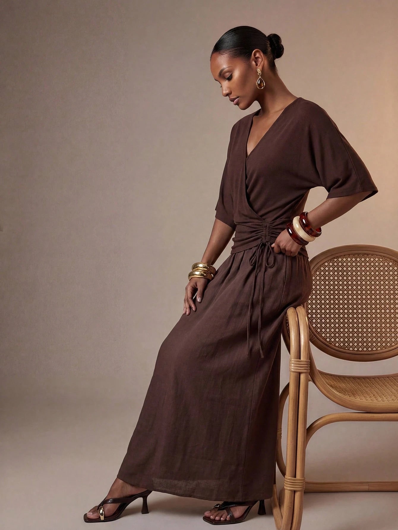 Zivah New Summer Vacation Beach Casual Minimalist Basic Halter Ruched A-Line Patchwork Brown Long Dress