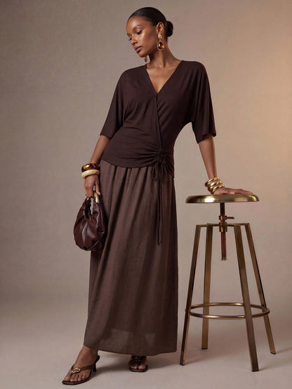 Zivah New Summer Vacation Beach Casual Minimalist Basic Halter Ruched A-Line Patchwork Brown Long Dress