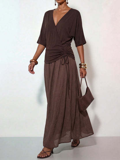 Zivah New Summer Vacation Beach Casual Minimalist Basic Halter Ruched A-Line Patchwork Brown Long Dress