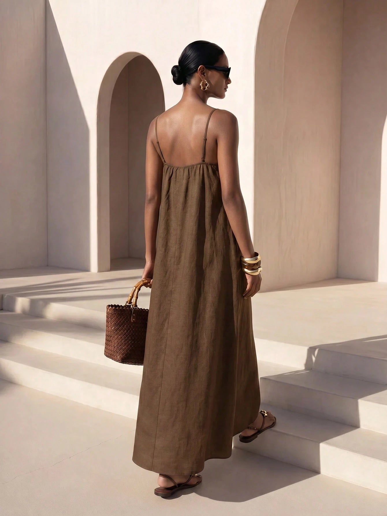 Zivah Summer Casual Vacation Coffee Brown Linen Fabric Lace Trim A-Line Camisole Women Long Dress Beach Music Festivals Travel Party Boho Nomadic Business