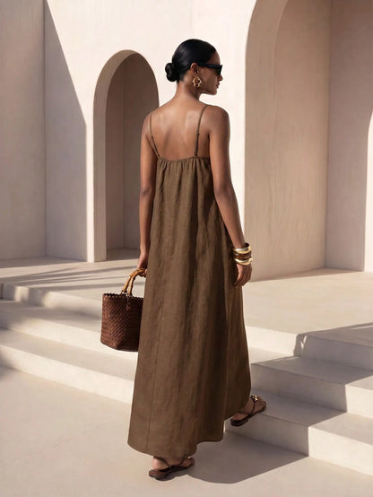 Zivah Summer Casual Vacation Coffee Brown Linen Fabric Lace Trim A-Line Camisole Women Long Dress Beach Music Festivals Travel Party Boho Nomadic Business