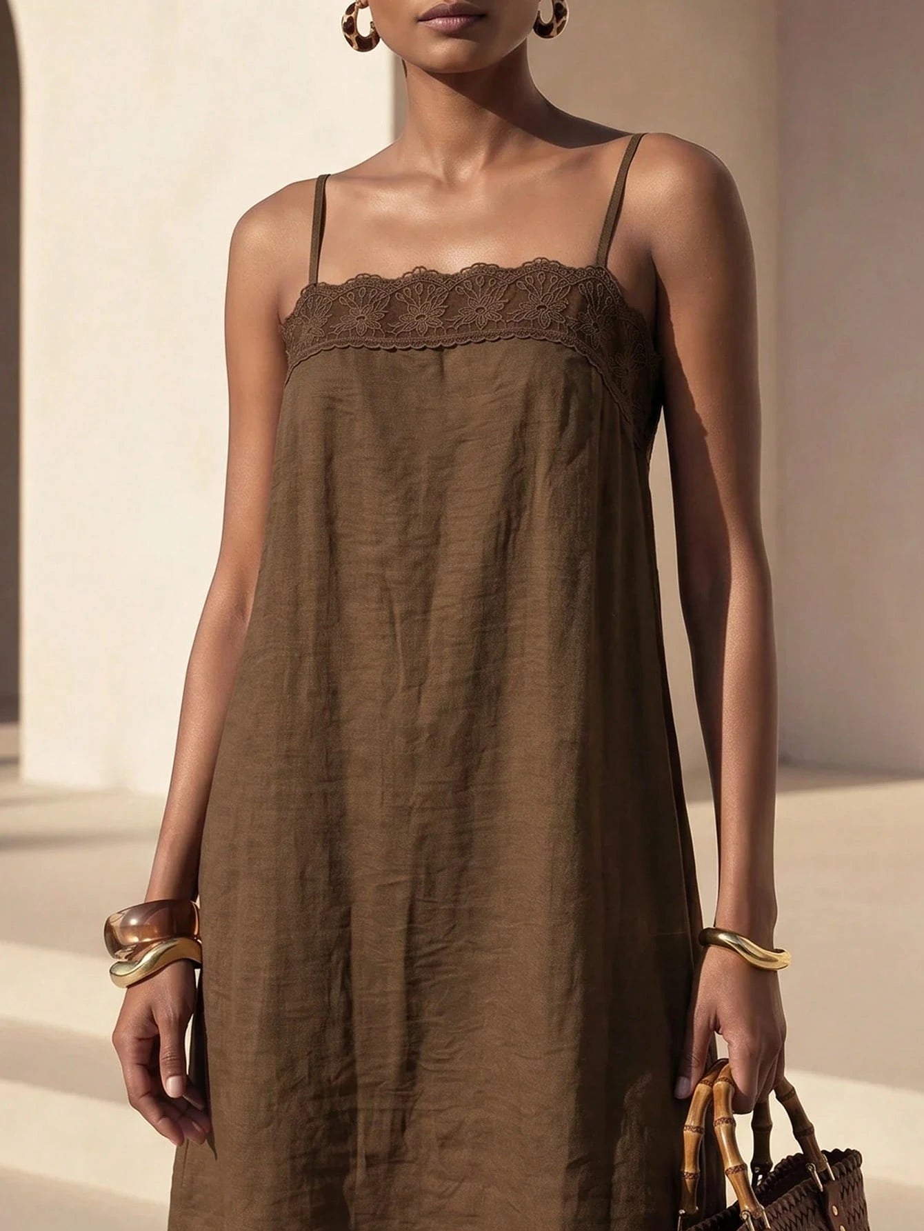 Zivah Summer Casual Vacation Coffee Brown Linen Fabric Lace Trim A-Line Camisole Women Long Dress Beach Music Festivals Travel Party Boho Nomadic Business