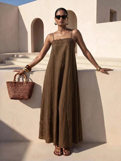 Zivah Summer Casual Vacation Coffee Brown Linen Fabric Lace Trim A-Line Camisole Women Long Dress Beach Music Festivals Travel Party Boho Nomadic Business