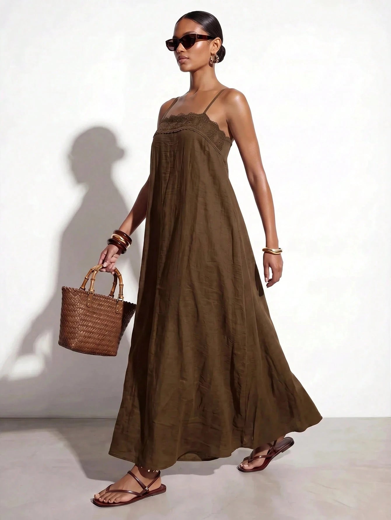 Zivah Summer Casual Vacation Coffee Brown Linen Fabric Lace Trim A-Line Camisole Women Long Dress Beach Music Festivals Travel Party Boho Nomadic Business