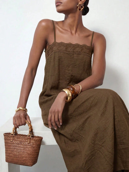 Zivah Summer Casual Vacation Coffee Brown Linen Fabric Lace Trim A-Line Camisole Women Long Dress Beach Music Festivals Travel Party Boho Nomadic Business