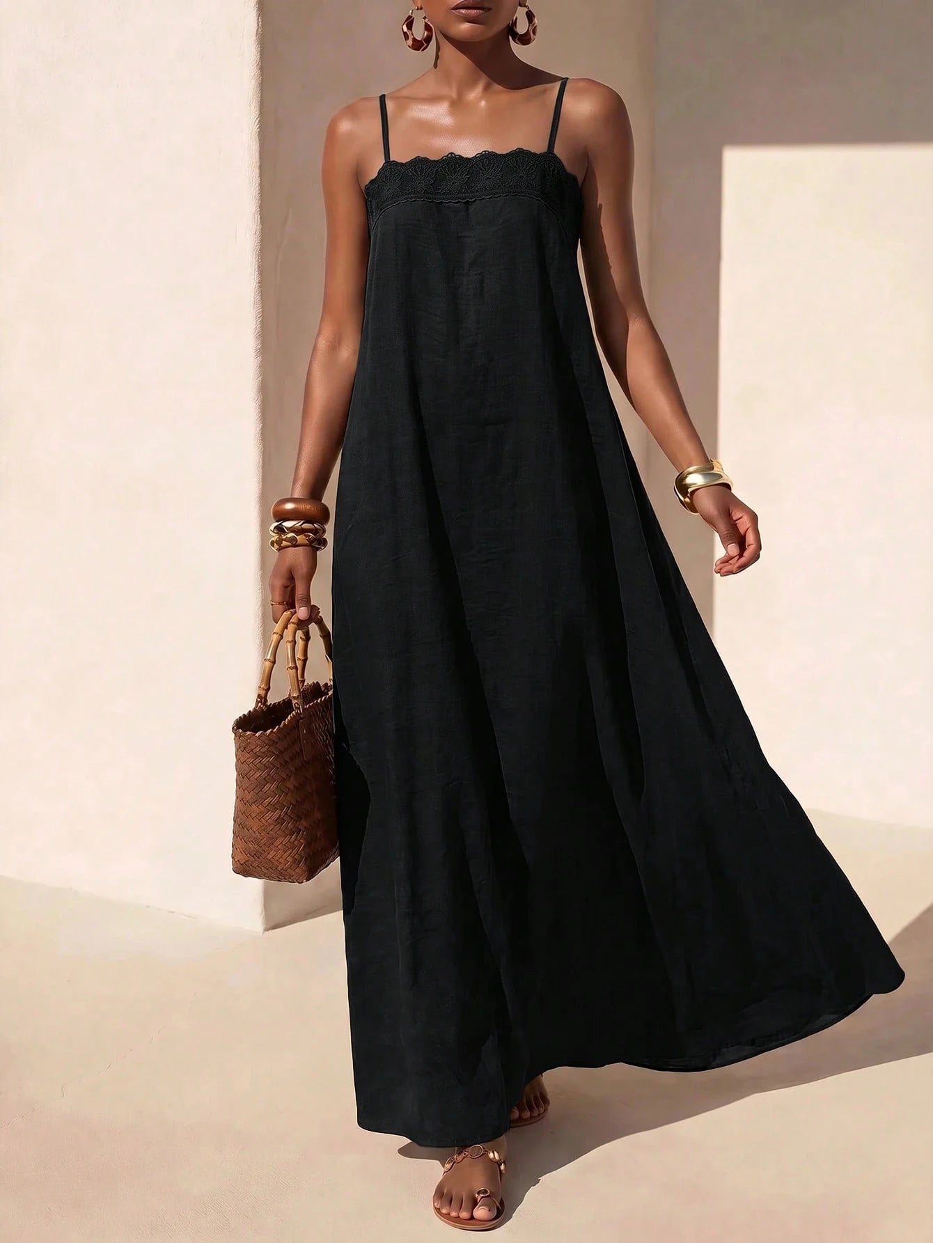 Zivah Summer Casual Vacation Coffee Brown Linen Fabric Lace Trim A-Line Camisole Women Long Dress Beach Music Festivals Travel Party Boho Nomadic Business