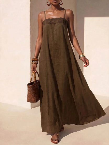 Zivah Summer Casual Vacation Coffee Brown Linen Fabric Lace Trim A-Line Camisole Women Long Dress Beach Music Festivals Travel Party Boho Nomadic Business