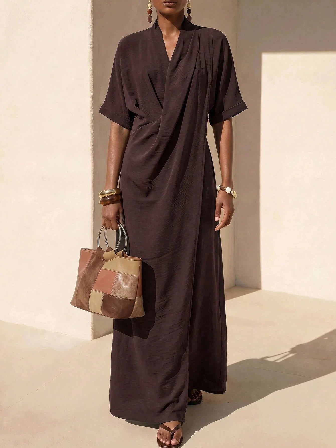 Zivah Women's Elegant Summer Dark Brown Long Dress,V-Neck Knotted Short Sleeves Loose Casual Vacation Outfit For Al-Adha,Party,Boho,Travel & Commuting