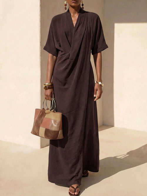 Zivah Women's Elegant Summer Dark Brown Long Dress,V-Neck Knotted Short Sleeves Loose Casual Vacation Outfit For Al-Adha,Party,Boho,Travel & Commuting