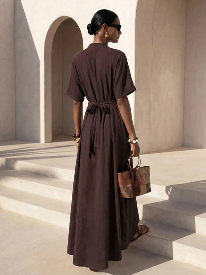 Zivah Women's Elegant Summer Dark Brown Long Dress,V-Neck Knotted Short Sleeves Loose Casual Vacation Outfit For Al-Adha,Party,Boho,Travel & Commuting