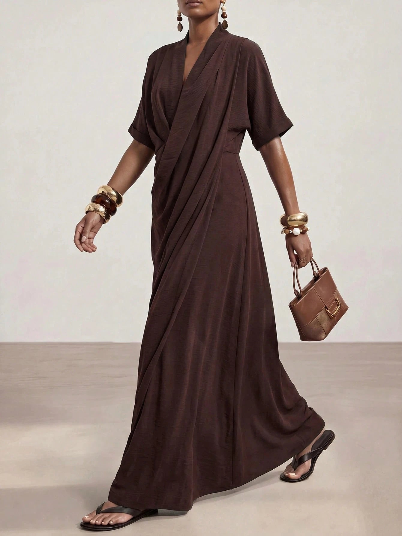 Zivah Women's Elegant Summer Dark Brown Long Dress,V-Neck Knotted Short Sleeves Loose Casual Vacation Outfit For Al-Adha,Party,Boho,Travel & Commuting