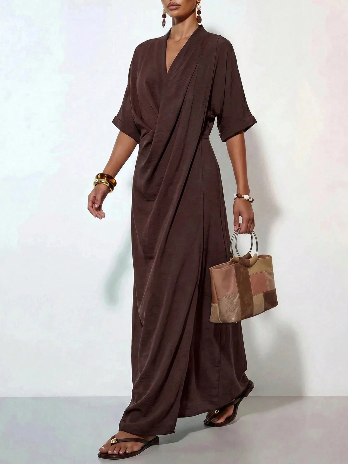 Zivah Women's Elegant Summer Dark Brown Long Dress,V-Neck Knotted Short Sleeves Loose Casual Vacation Outfit For Al-Adha,Party,Boho,Travel & Commuting