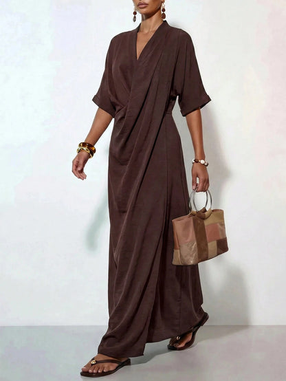 Zivah Women's Elegant Summer Dark Brown Long Dress,V-Neck Knotted Short Sleeves Loose Casual Vacation Outfit For Al-Adha,Party,Boho,Travel & Commuting
