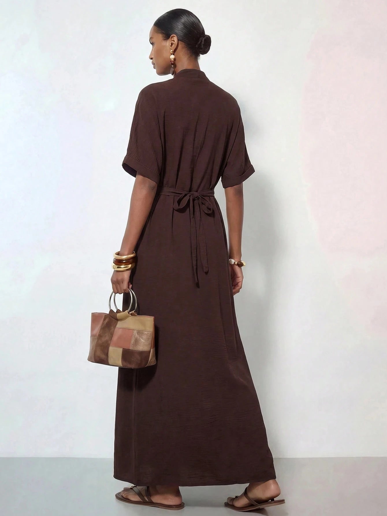 Zivah Women's Elegant Summer Dark Brown Long Dress,V-Neck Knotted Short Sleeves Loose Casual Vacation Outfit For Al-Adha,Party,Boho,Travel & Commuting