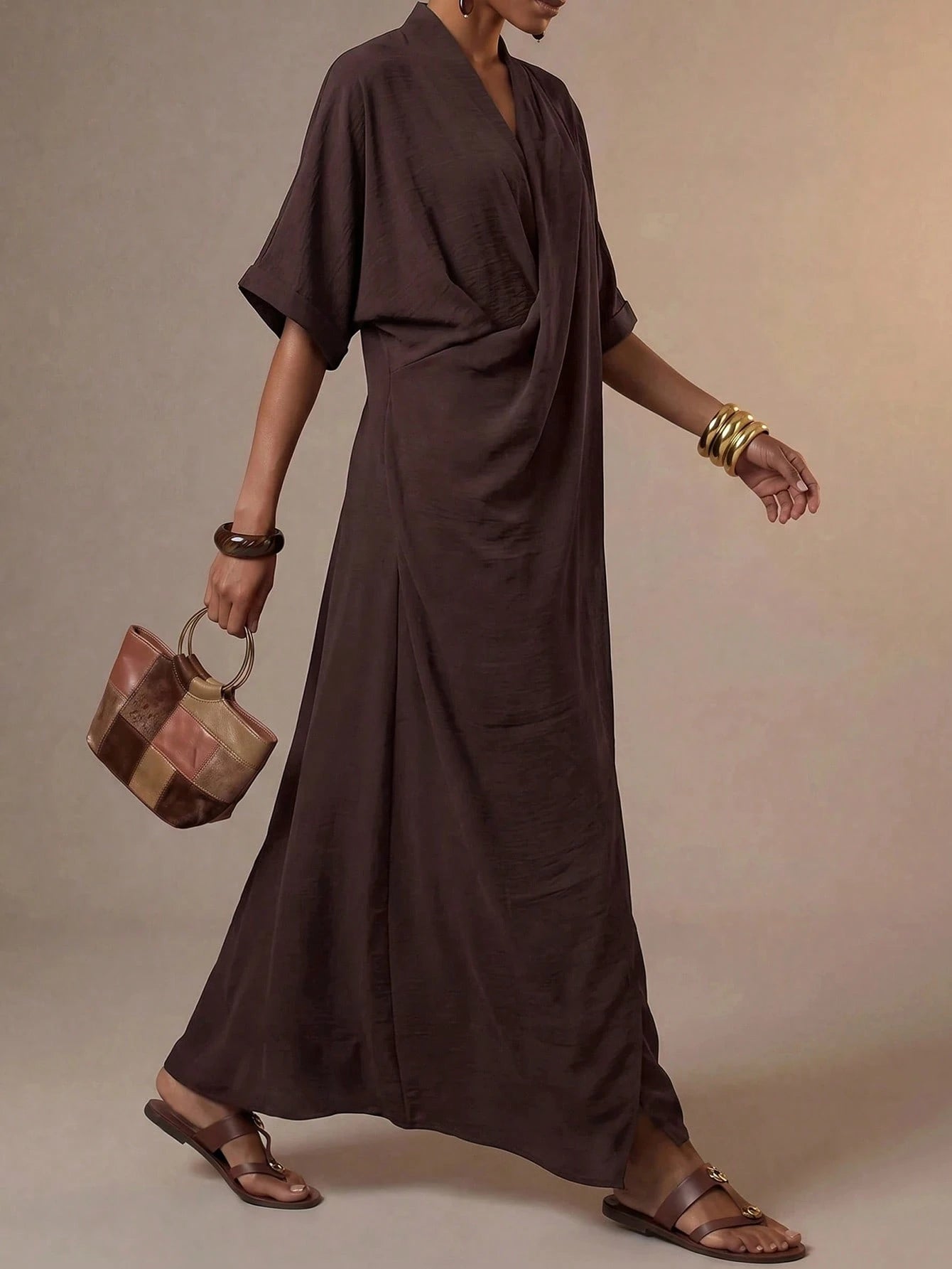 Zivah Women's Elegant Summer Dark Brown Long Dress,V-Neck Knotted Short Sleeves Loose Casual Vacation Outfit For Al-Adha,Party,Boho,Travel & Commuting