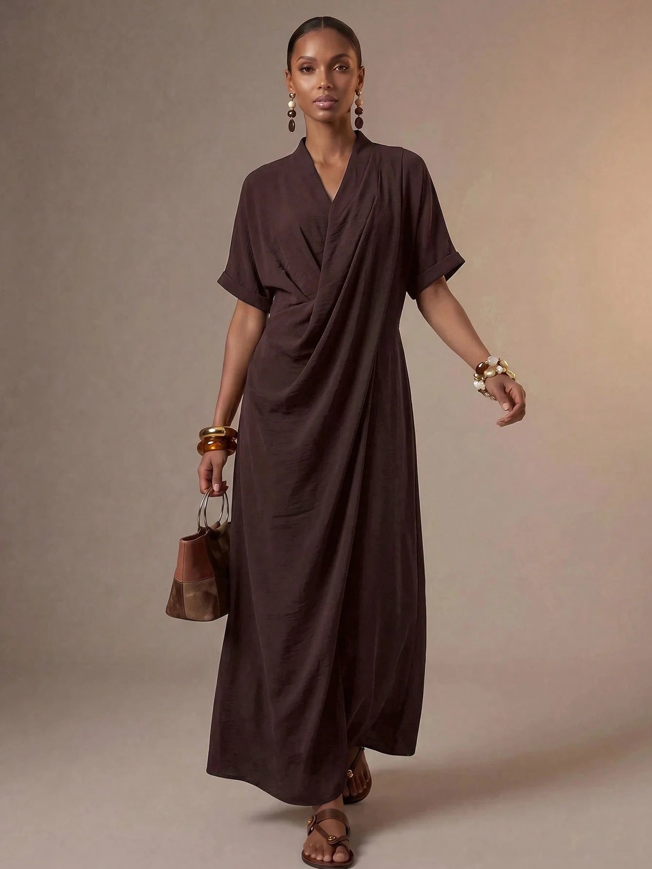 Zivah Women's Elegant Summer Dark Brown Long Dress,V-Neck Knotted Short Sleeves Loose Casual Vacation Outfit For Al-Adha,Party,Boho,Travel & Commuting