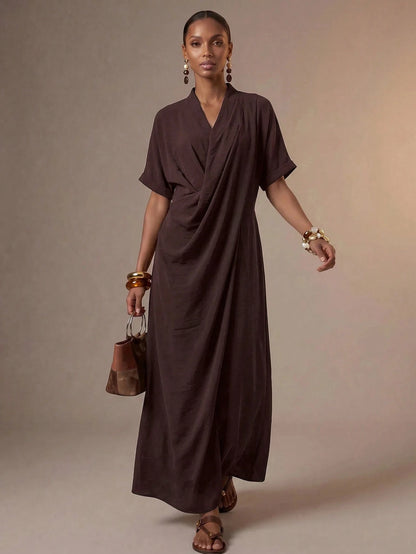 Zivah Women's Elegant Summer Dark Brown Long Dress,V-Neck Knotted Short Sleeves Loose Casual Vacation Outfit For Al-Adha,Party,Boho,Travel & Commuting