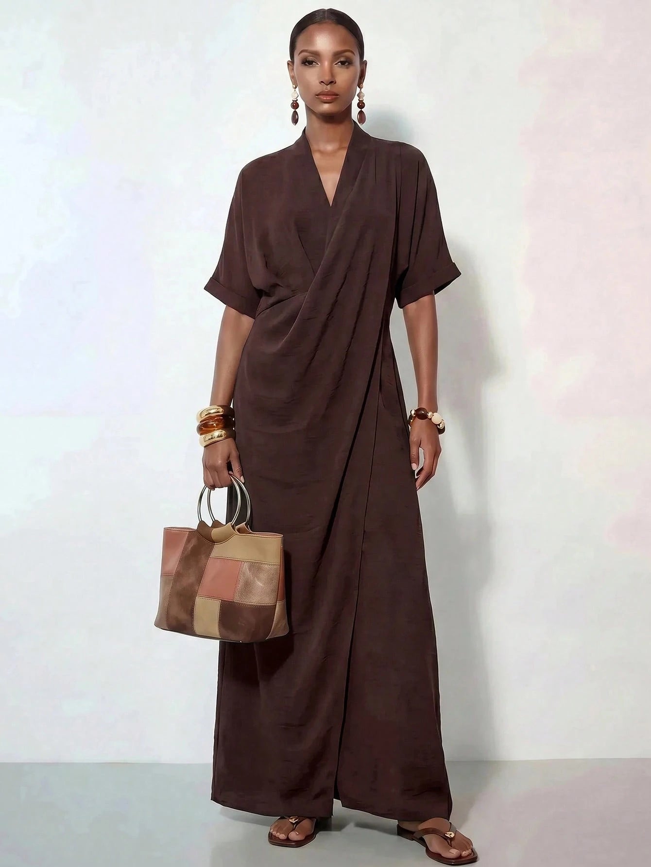 Zivah Women's Elegant Summer Dark Brown Long Dress,V-Neck Knotted Short Sleeves Loose Casual Vacation Outfit For Al-Adha,Party,Boho,Travel & Commuting