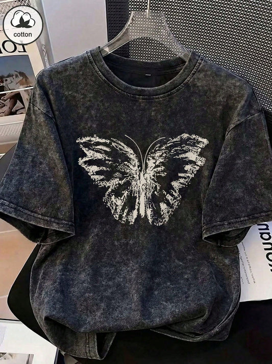 ZZG Es Trus Cotton Summer Women's "Butterfly" Print Street Y2K Black Crew Neck Short Sleeve Plus Size Washed T-Shirt Top