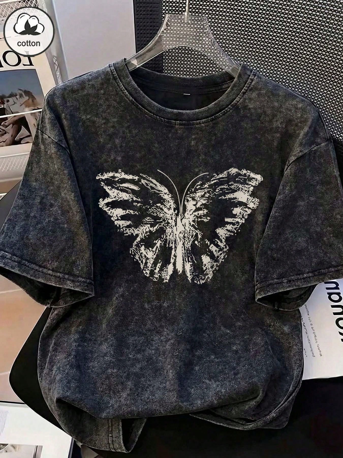 ZZG Es Trus Cotton Summer Women's "Butterfly" Print Street Y2K Black Crew Neck Short Sleeve Plus Size Washed T-Shirt Top